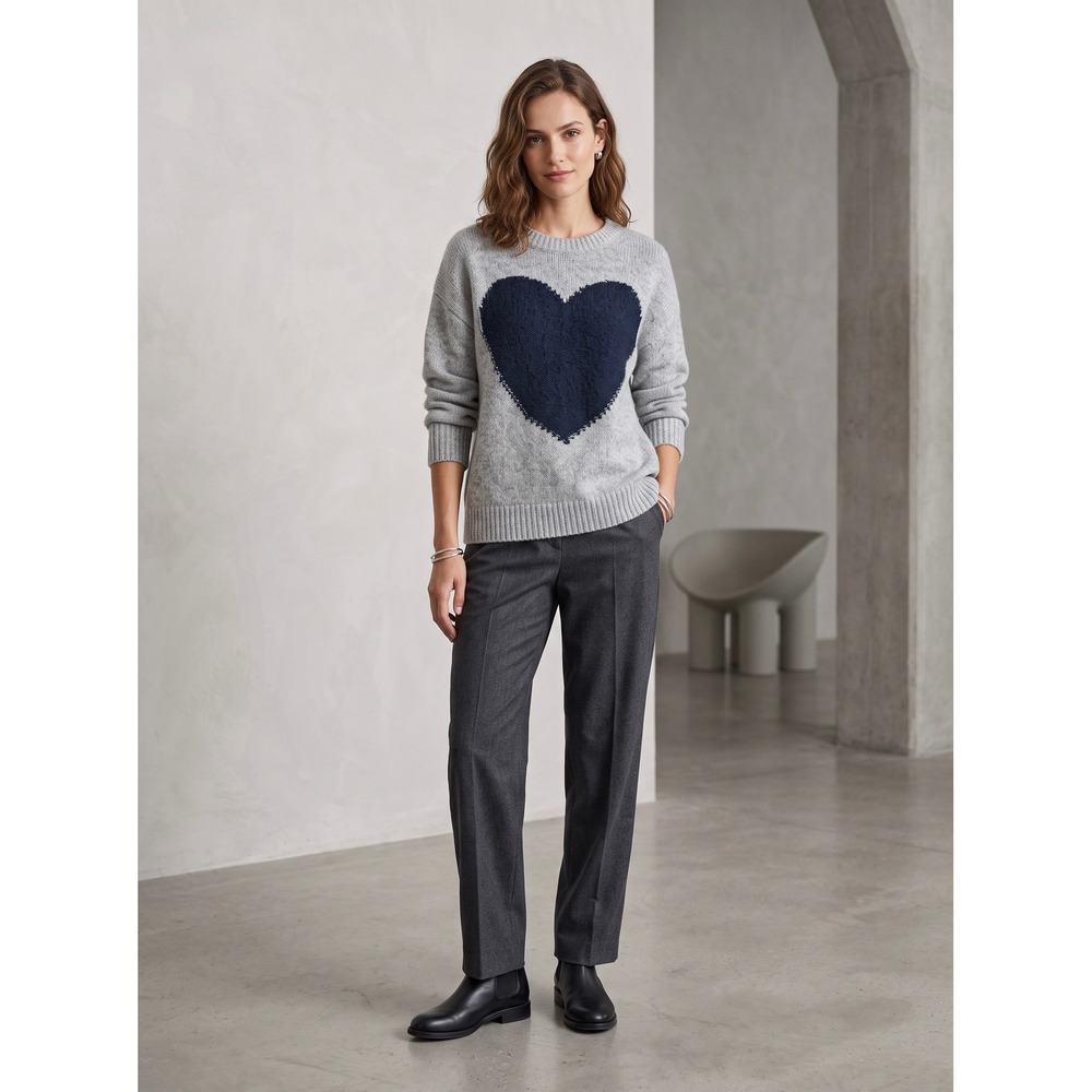 Sundance Women Gray Intarsia Heart Knit Crewneck Sweater Navy Blue Heart Size M